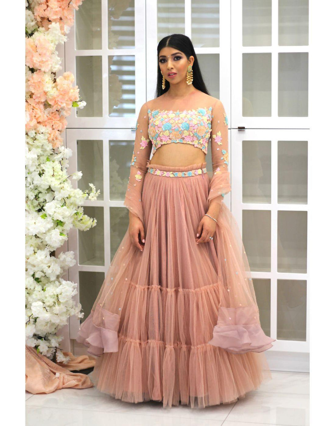 Rent Blush Pink Skirt With Selfcolor Multi Pastel Top And Dupatta.-Women-Glamourental