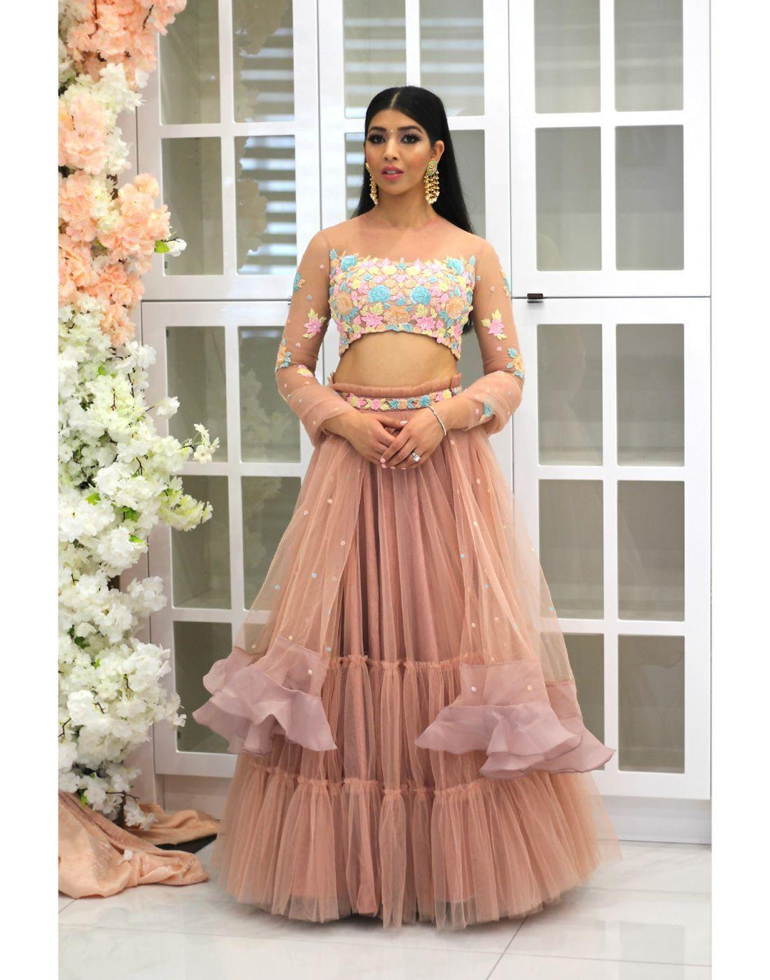 Rent Blush Pink Skirt With Selfcolor Multi Pastel Top And Dupatta. Online