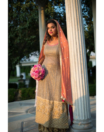 Rent Light Brown With Pink Combination Kurta With Sharara-Women-Glamourental