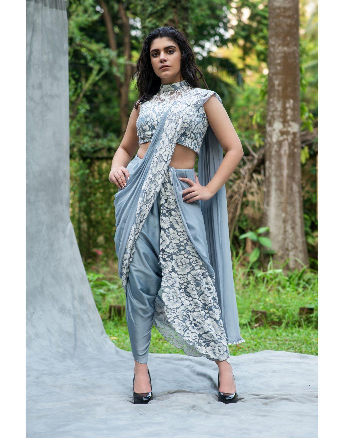 Embroidered ruffle shoulder pants saree set - Dheeru Taneja