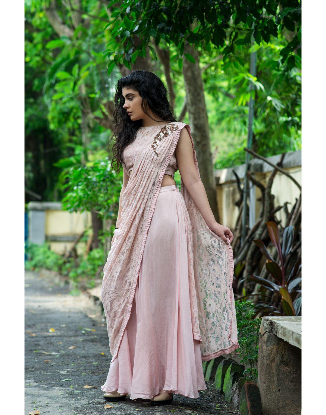 Pink Georgette Paradise draped Palazo Saree With Blouse