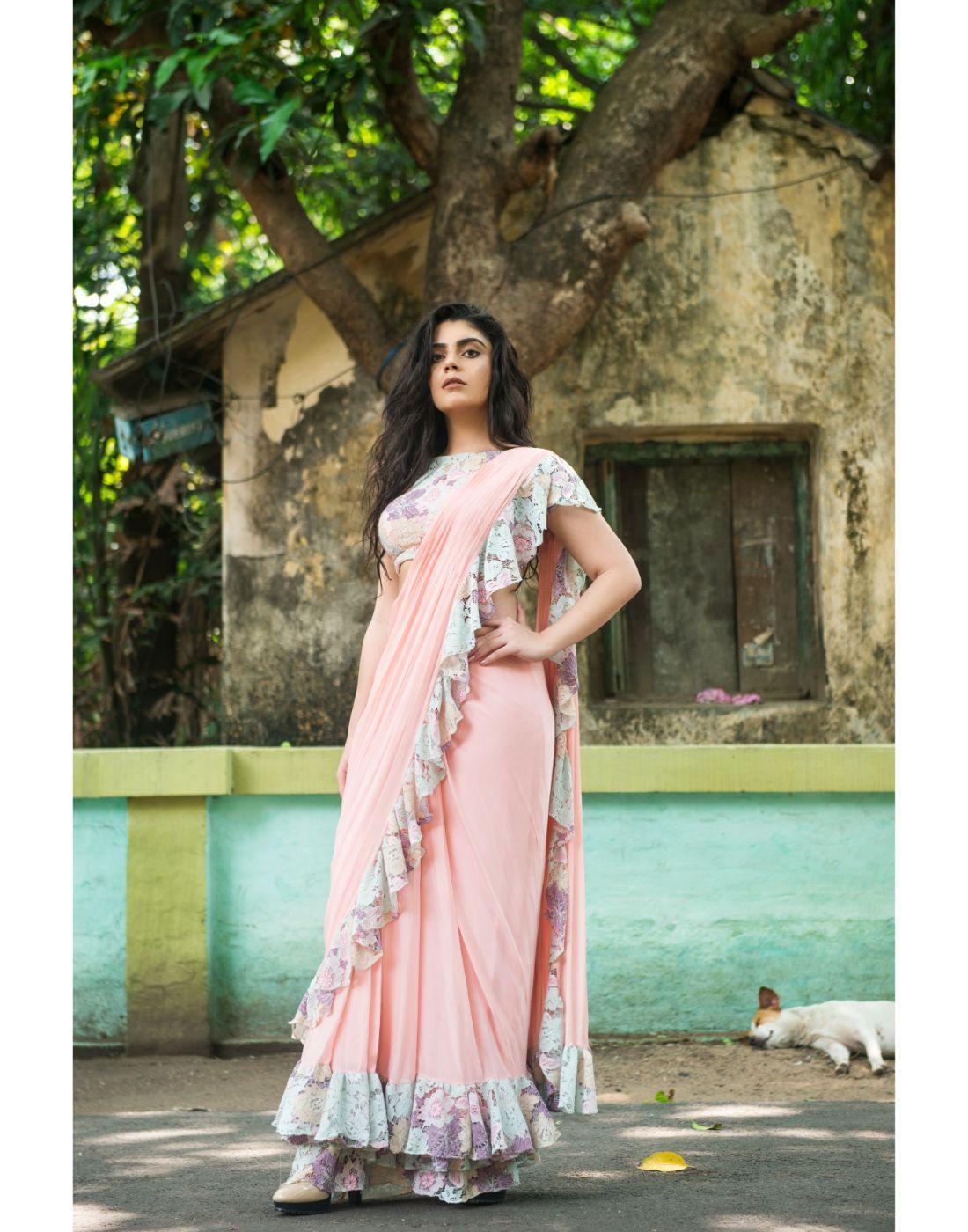 EXCLUSIVE FANCY READY TO WEAR RUFFLE SAREE WITH SEQUENCE WORK KOTI AND  SEQUENCE WORK BLOUSE – Prititrendz
