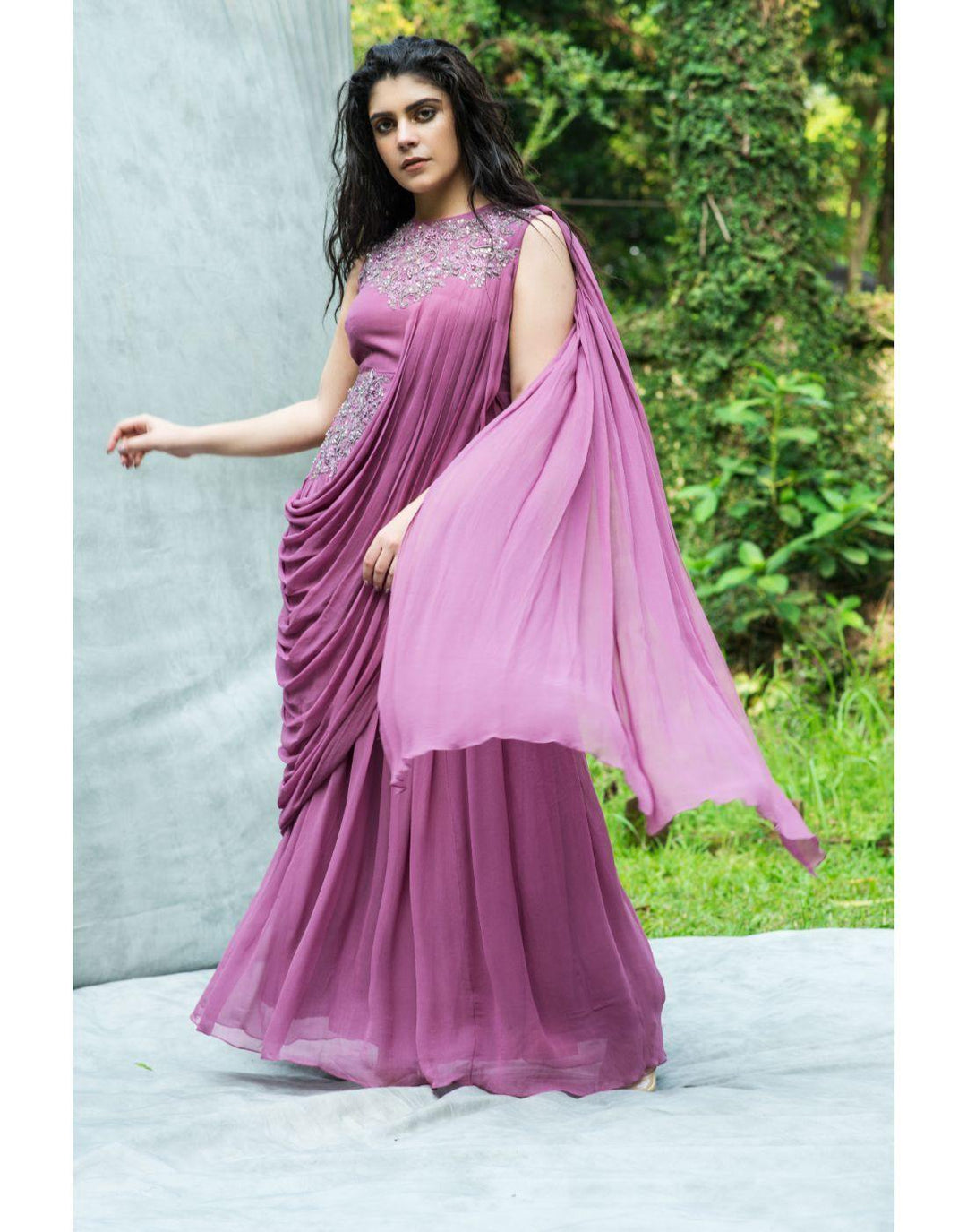 Rent Onion Pink Drape Saree Gown Online in US