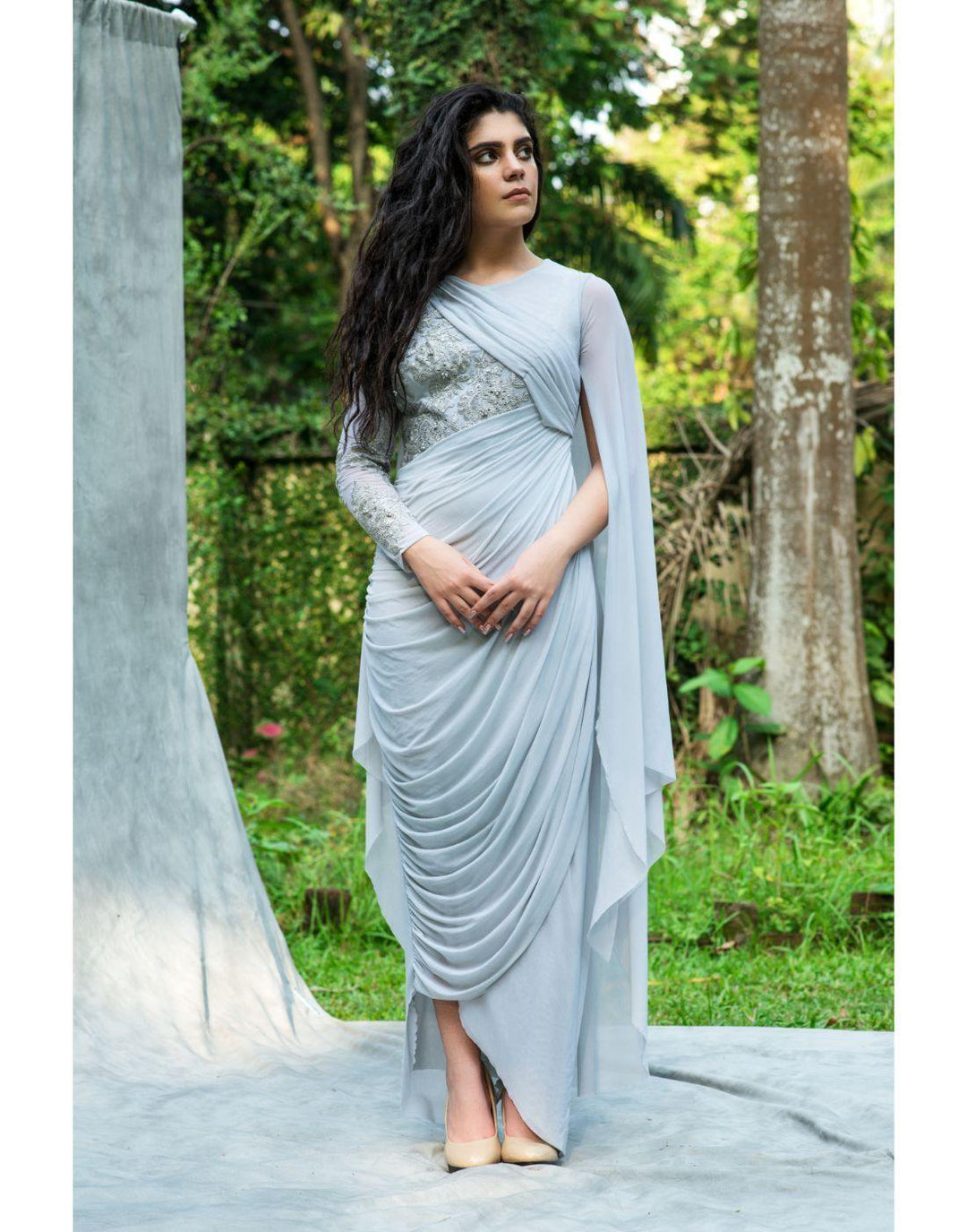 KAIRA's Grey Cape Drape Gown - Clearance