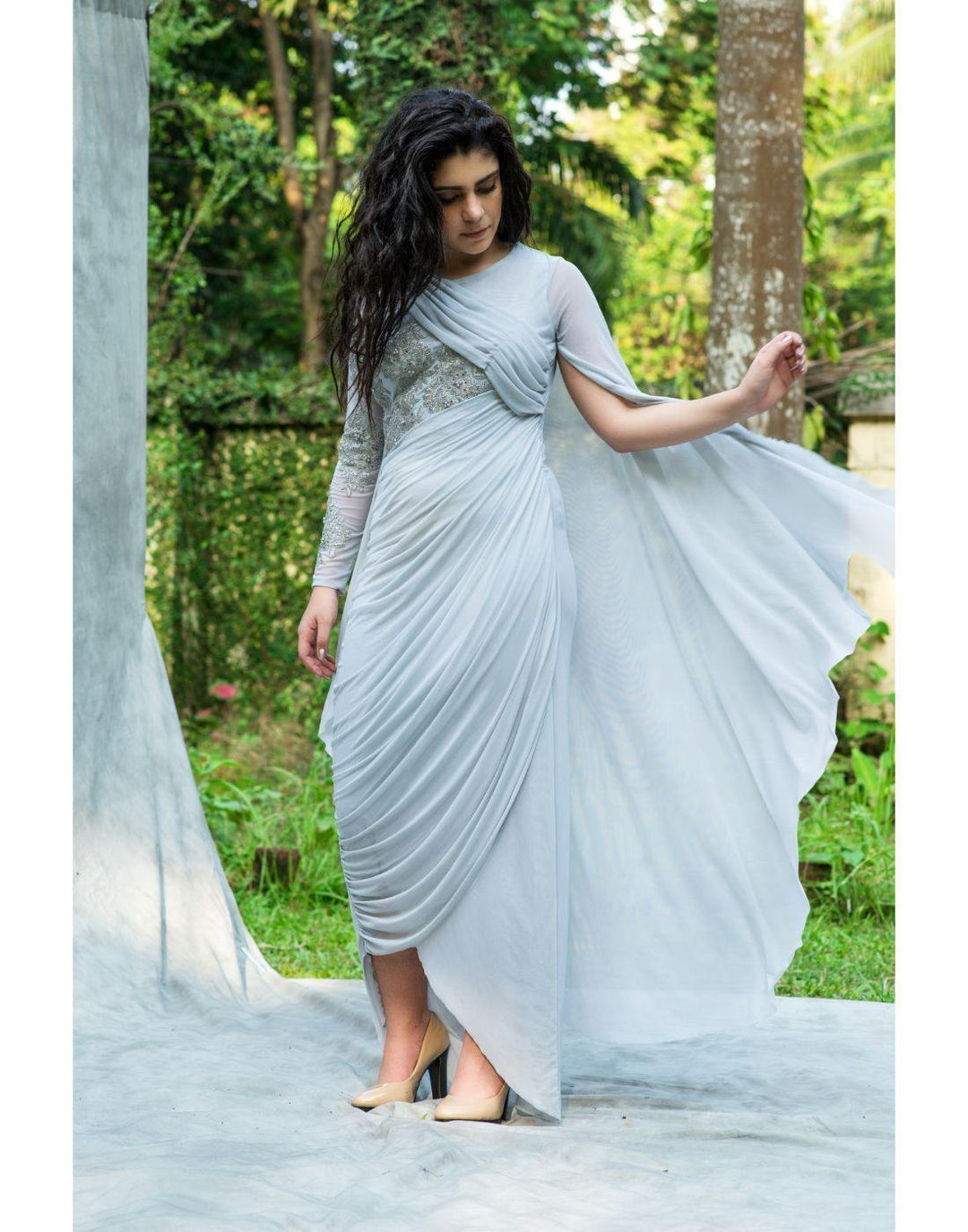 KAIRA's Grey Cape Drape Gown - Clearance