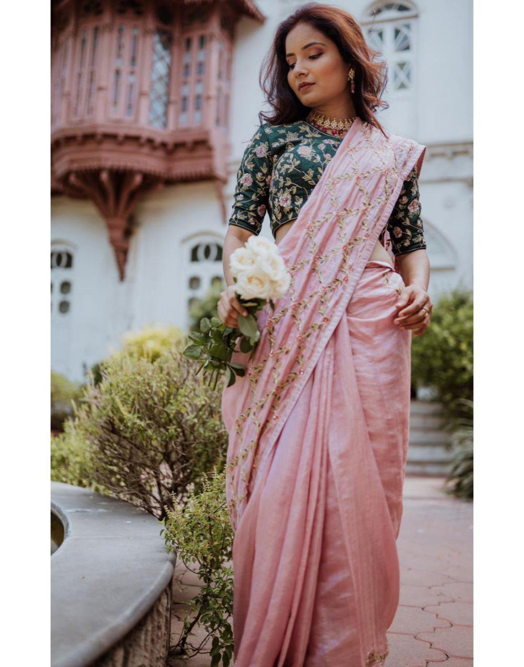 Rent Pink Tissue Chanderi Saree-Women-Glamourental