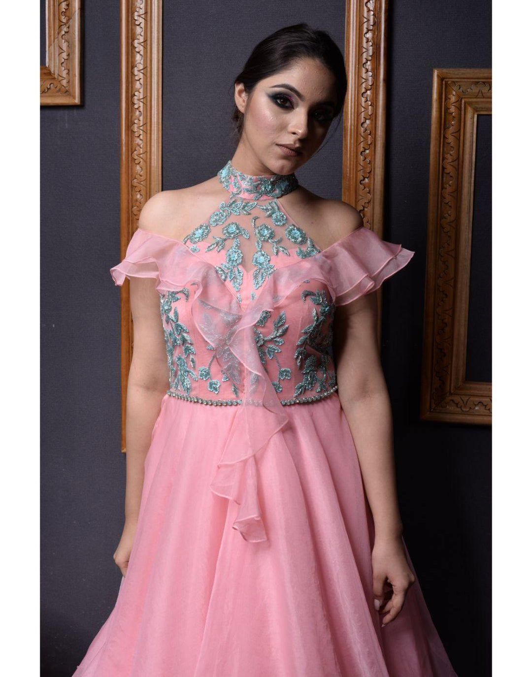 Rent Organza Three Layered Pink And Blue Dress With A Halter Neck-Women-Glamourental