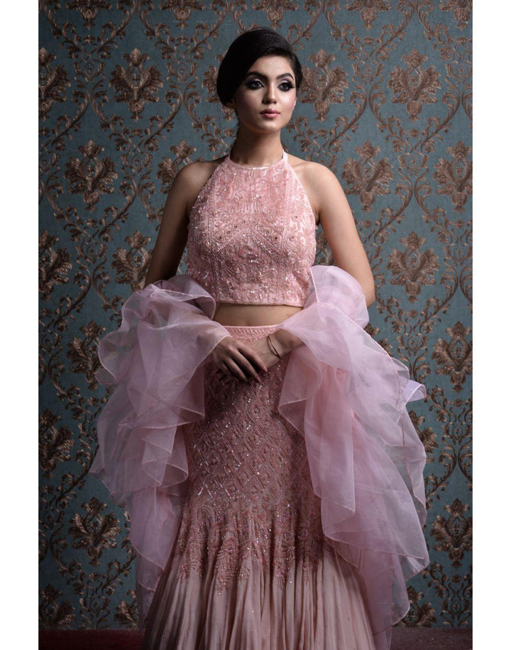 Rent Fish Cut Lehenga With Halter Neck Blouse, Hand Embroidered, Paired With A Ruffle Dupatta-Women-Glamourental