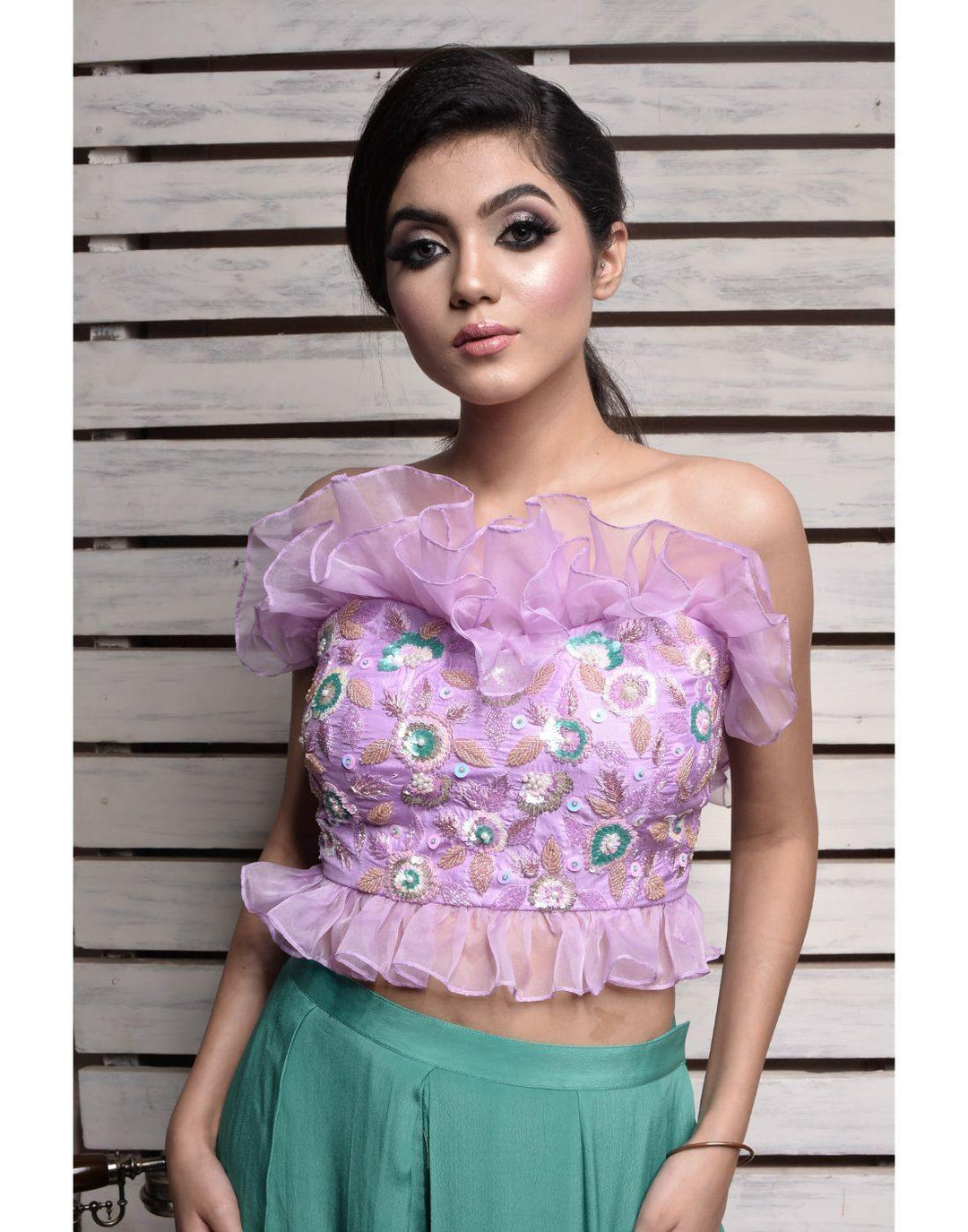 Rent Lilac Tube Crop Top With Organza Frill Paired With Green Sharara-Women-Glamourental