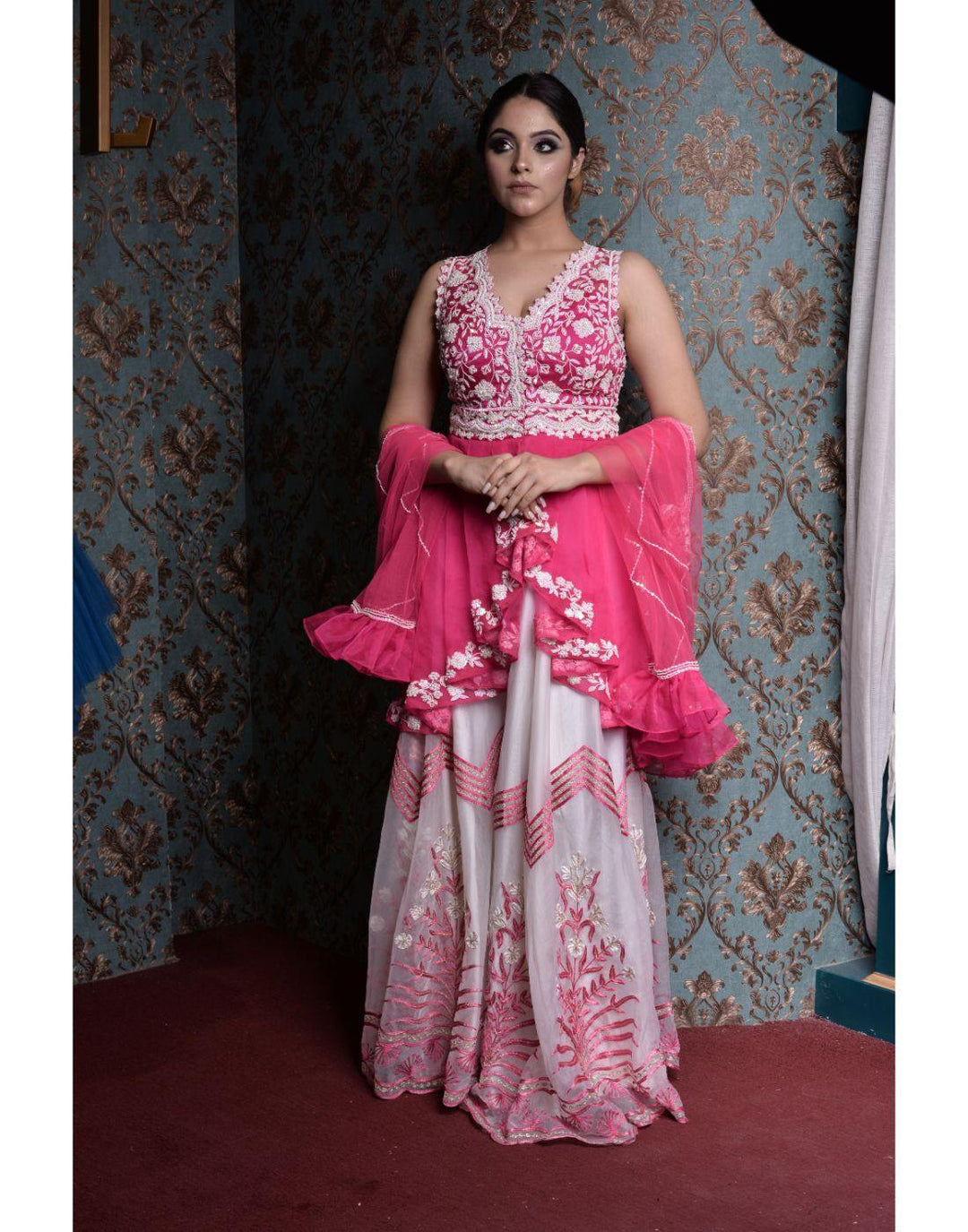 Rent Pink And White Organza Kurti And Sharara, Hand Embroidered, Paired With A Ruffle Dupatta-Women-Glamourental