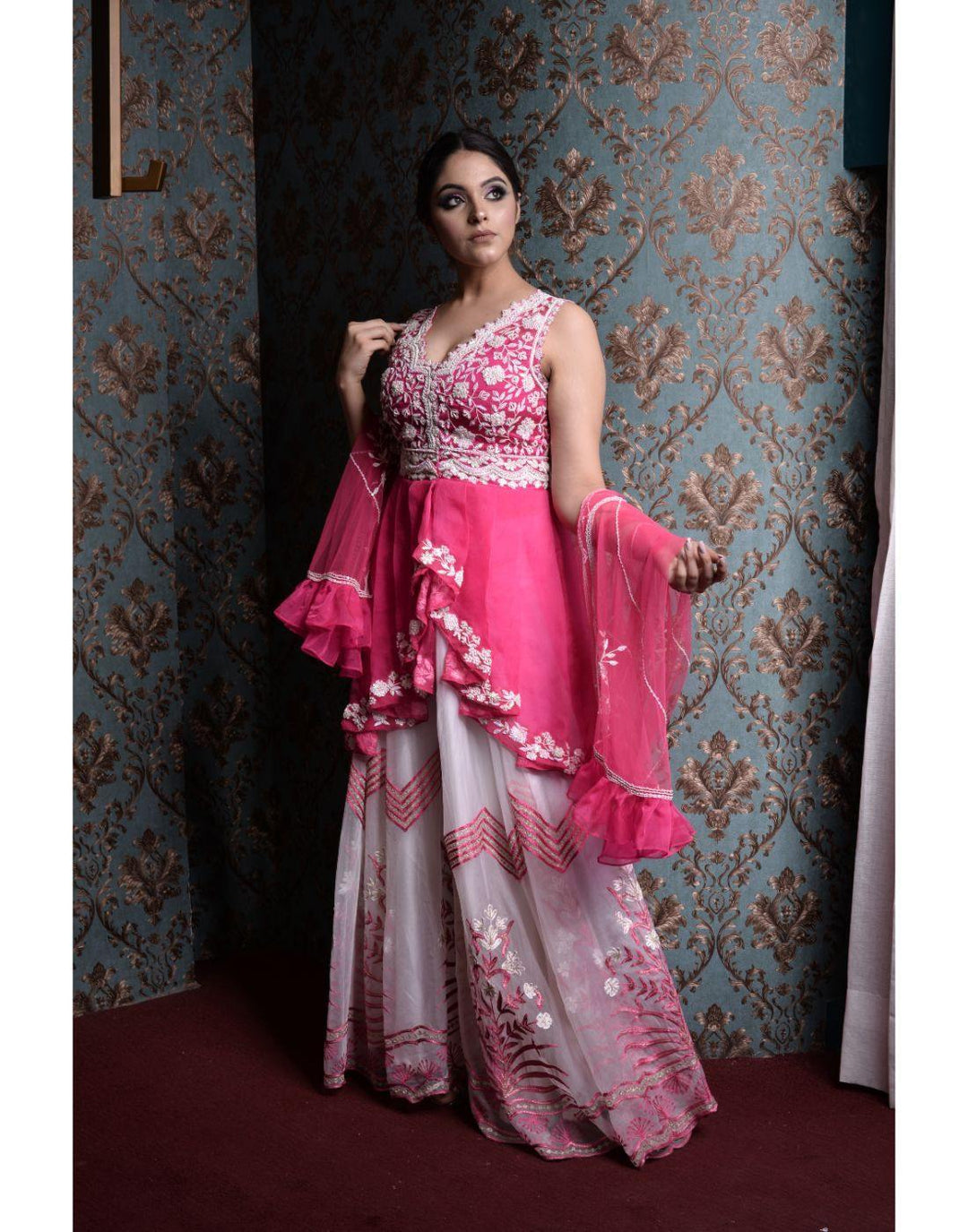 Rent Pink And White Organza Kurti And Sharara, Hand Embroidered, Paired With A Ruffle Dupatta-Women-Glamourental