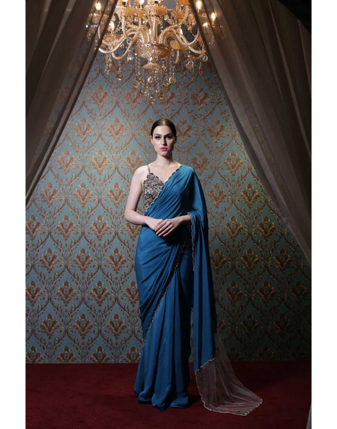 Rent Blue Scalopped Saree With A Steal Grey Blouse-Women-Glamourental