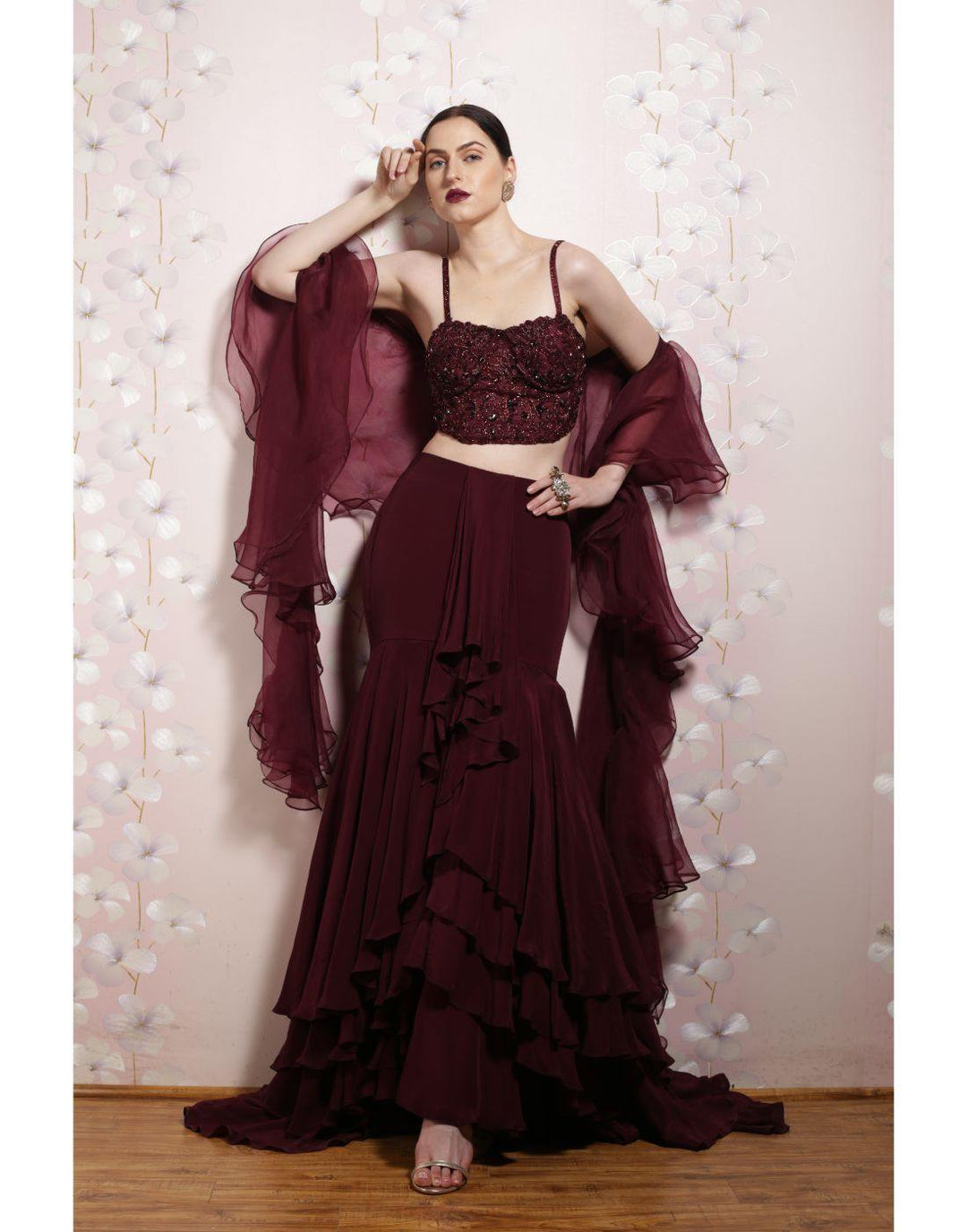 Rent Wine Multi Layered Set With Bead Work Paired With A Ruffle Dupatta-Women-Glamourental