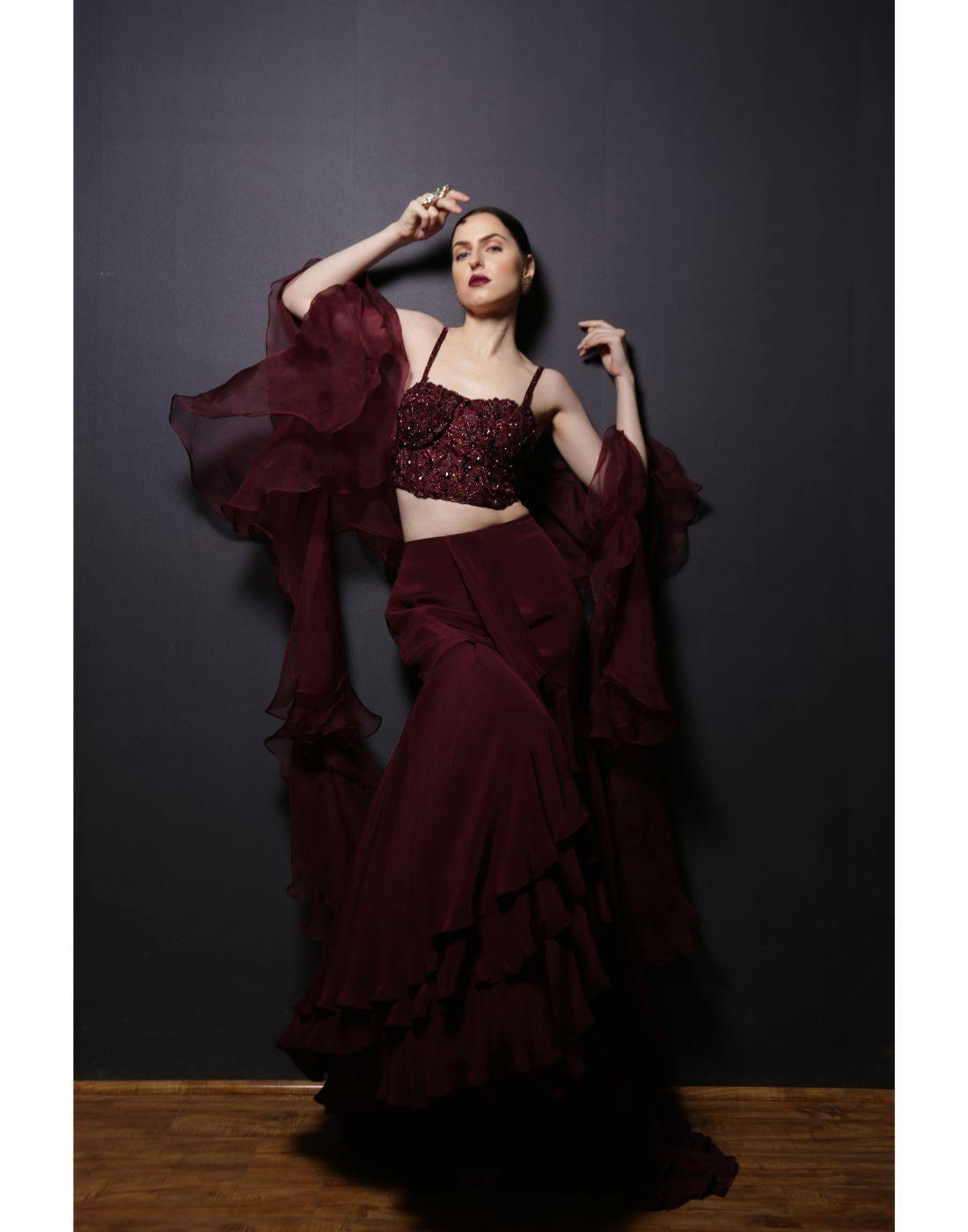 Rent Wine Multi Layered Set With Bead Work Paired With A Ruffle Dupatta  Online