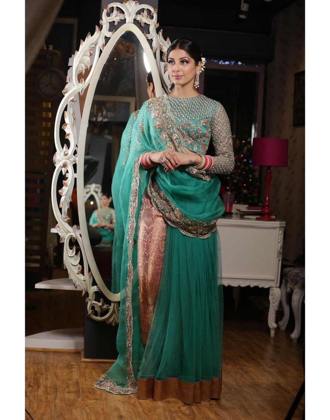Rent Green Saree With Rose Gold Handwork Paired With Pant-Women-Glamourental