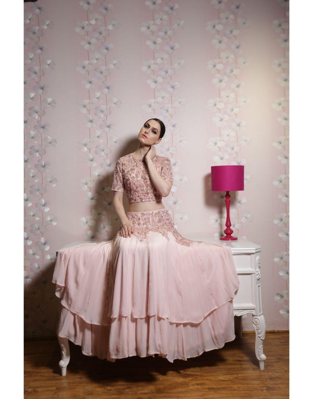 Rent Baby Pink Crop Top And Skirt Set With Handwork-Women-Glamourental