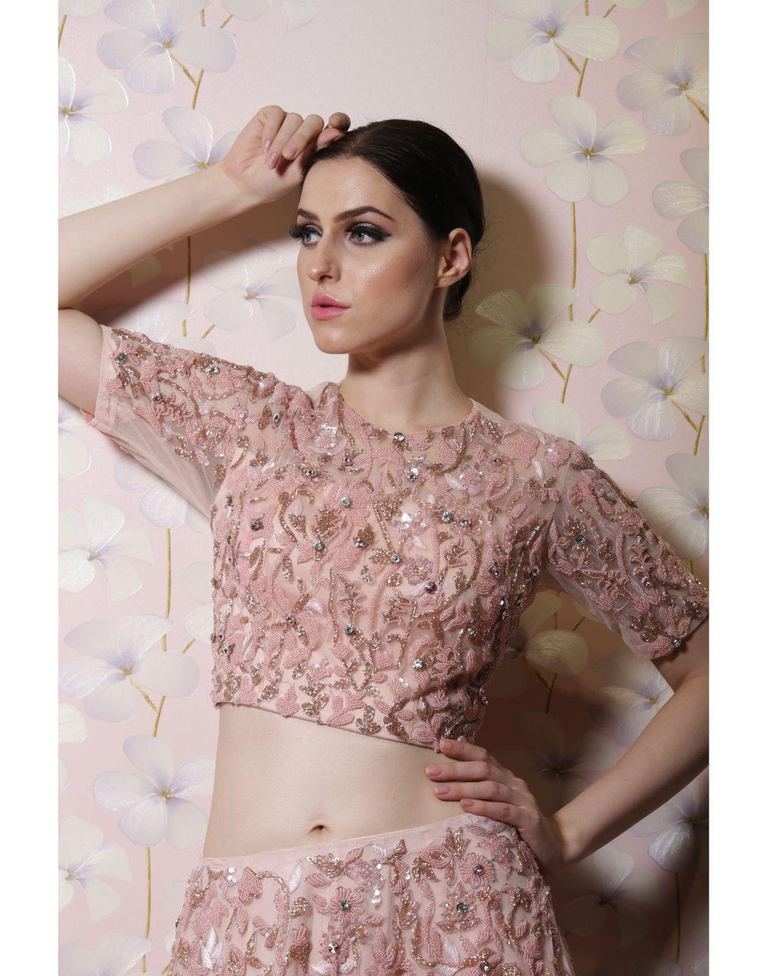 Rent Baby Pink Crop Top And Skirt Set With Handwork-Women-Glamourental