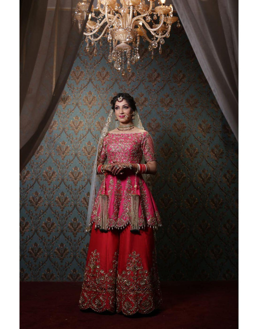 Rent Pink And Red Sharara Suit Set With Intricate Hand Embroidery-Women-Glamourental