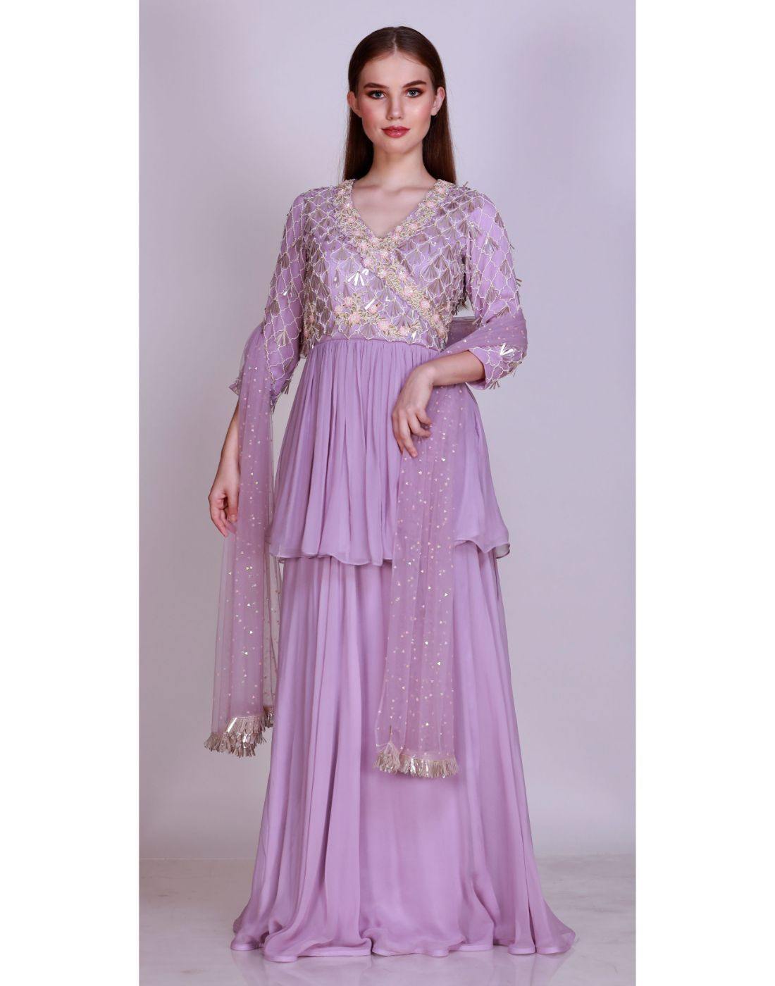 Label Nayna Kapoor's Rent Embroidered Overlap Kurta With Circular Skirt & Dupatta