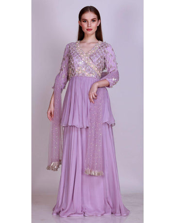 Label Nayna Kapoor's Rent Embroidered Overlap Kurta With Circular Skirt & Dupatta