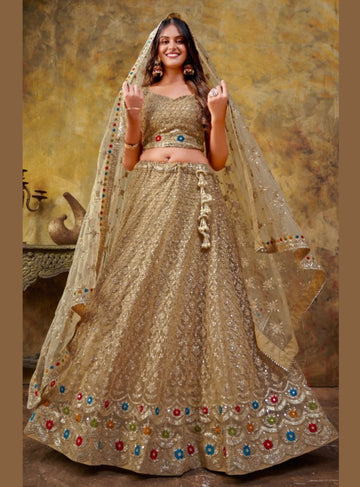 Light brown maharani embroidery lehenga set -buy