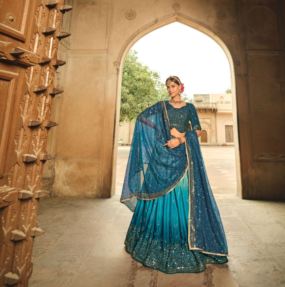 Limed Spruce Blue Silk Lehenga Choli - Rent