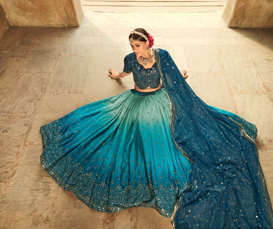 Limed Spruce Blue Silk Lehenga Choli - Rent