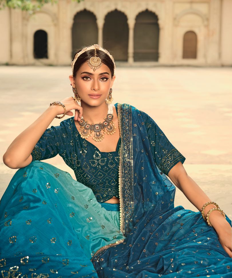 Limed Spruce Blue Silk Lehenga Choli - Rent_2