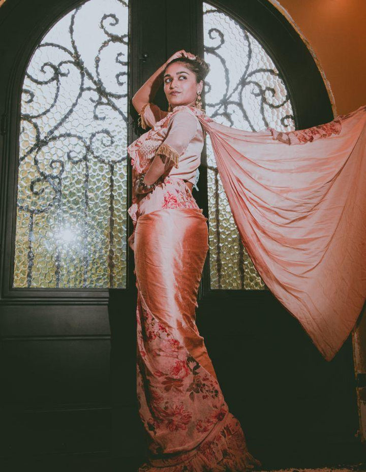 Peach Satin Silk Designer Ruffle Saree for Rent