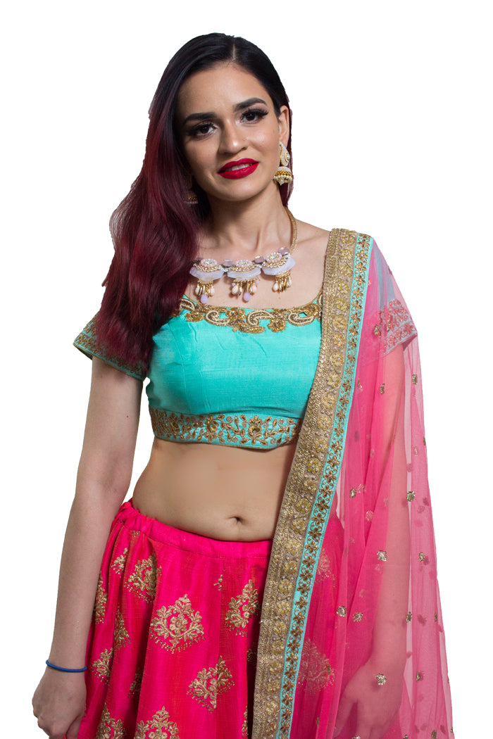 Sea Blue and Pink Lehenga Choli - Rent