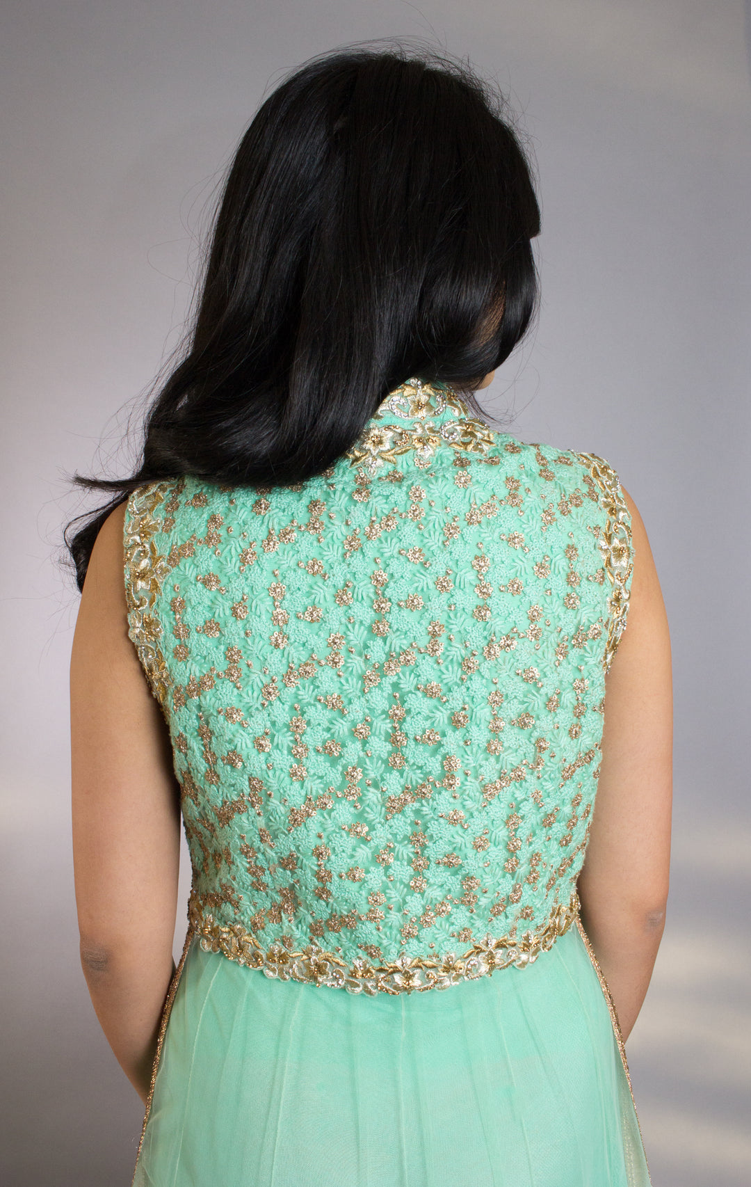 Mint Green Embroidered Net Crop Top With Net Lehenga Skirt - Rent