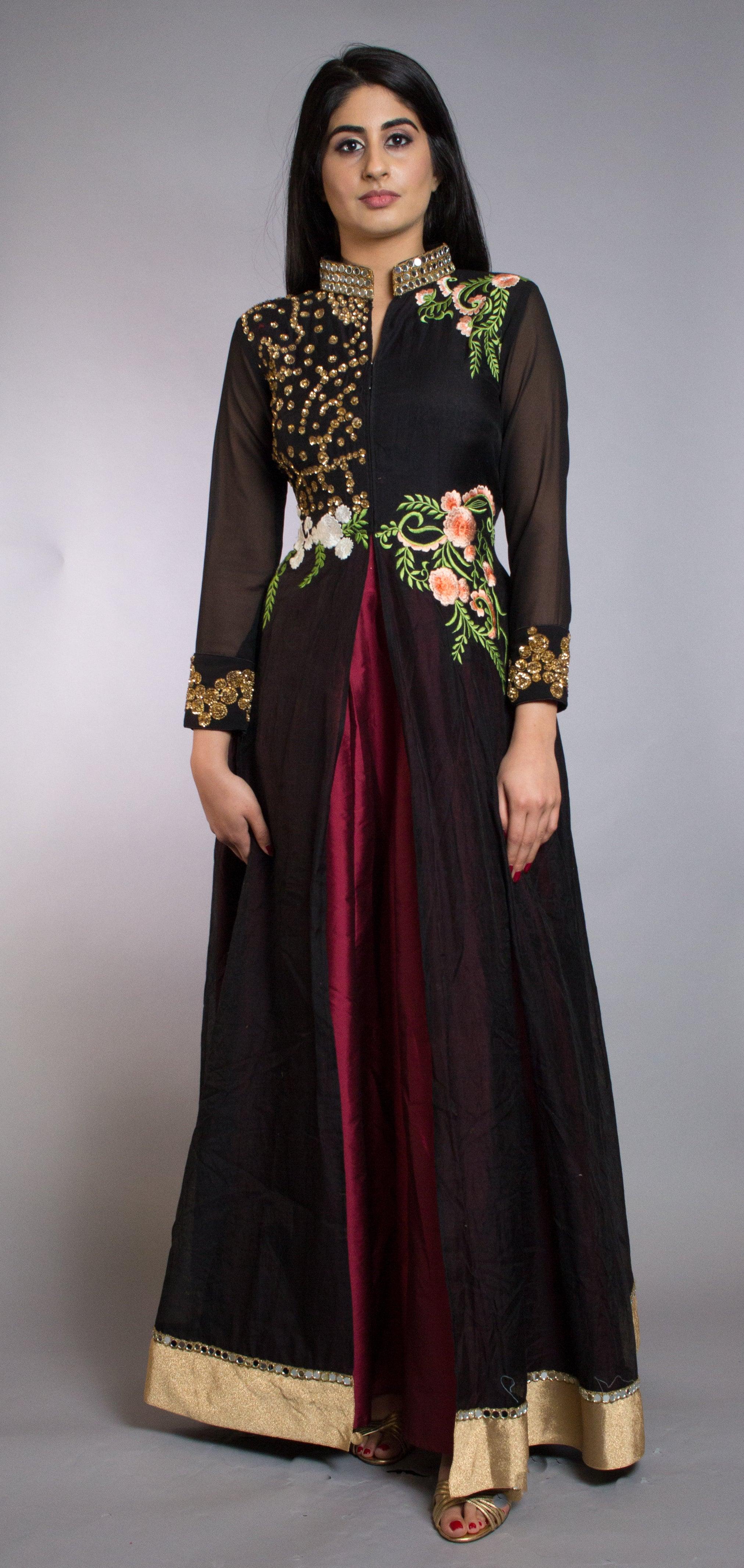 Black Designer Heavy Embroidered Net Wedding Anarkali Gown | Saira's  Boutique
