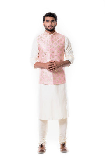 Cream Kurta with Zadi Embroidered Pink Waist Coat.-Men-Glamourental