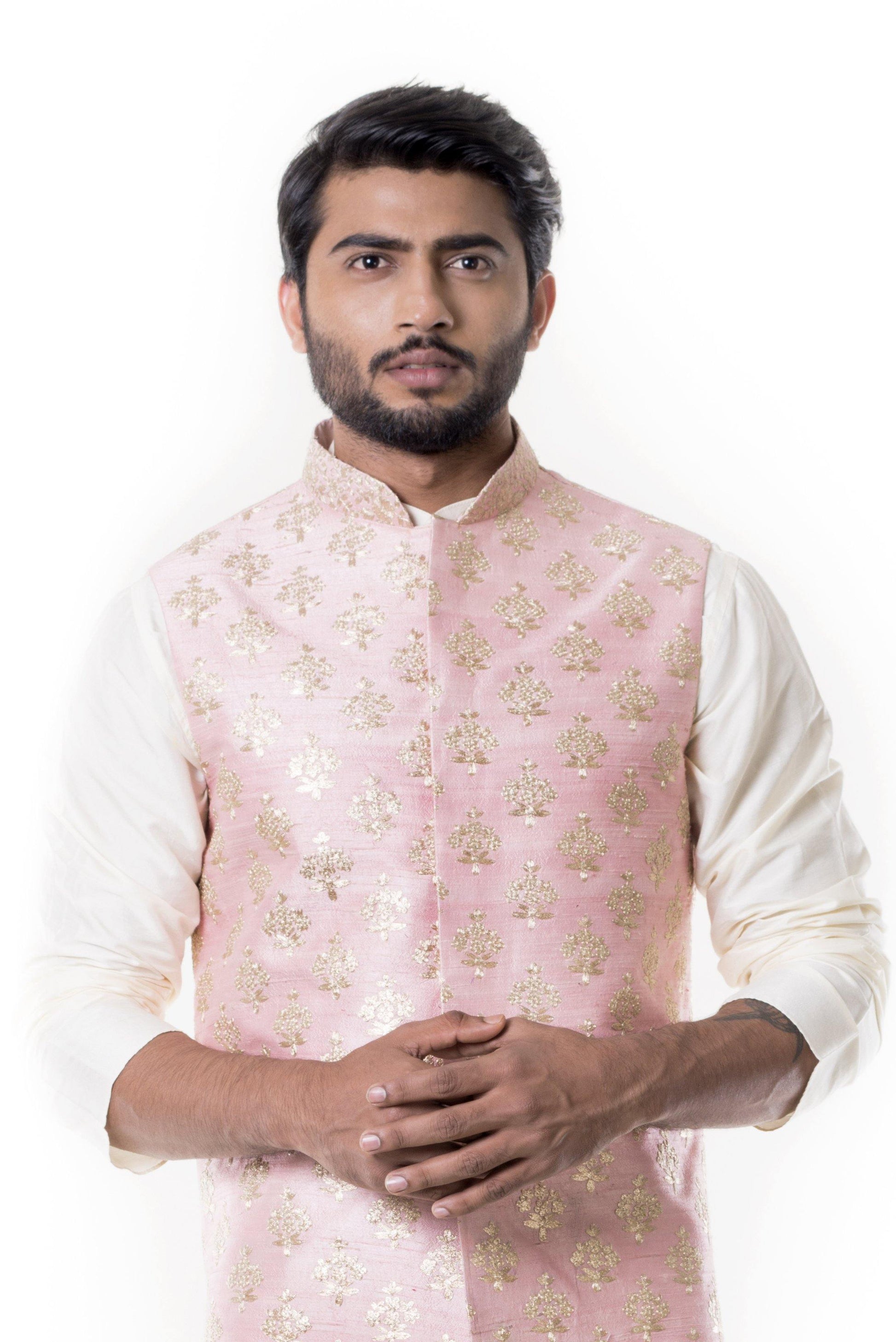 Cream Kurta with Zadi Embroidered Pink Waist Coat.-Men-Glamourental