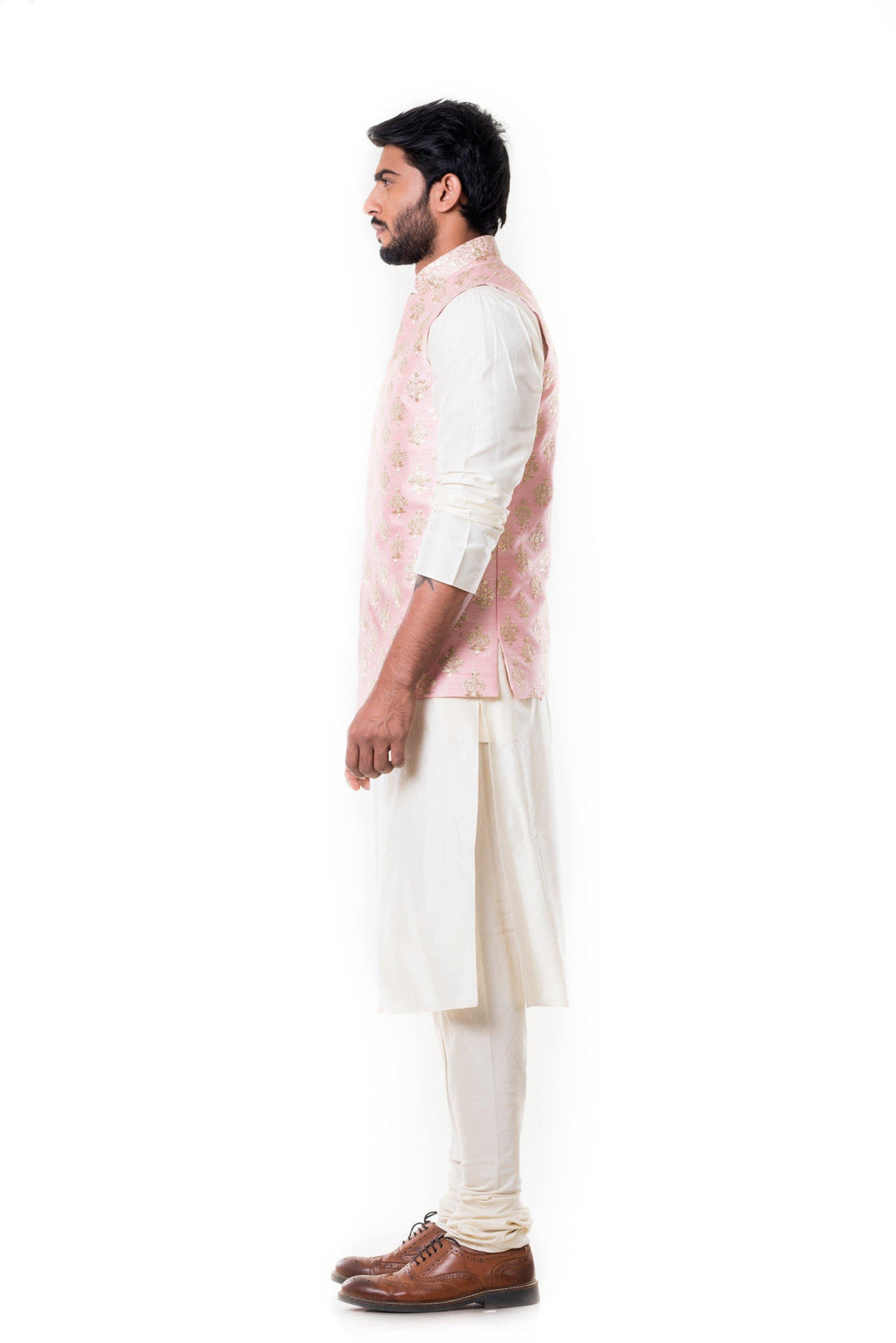 Cream Kurta with Zadi Embroidered Pink Waist Coat.-Men-Glamourental