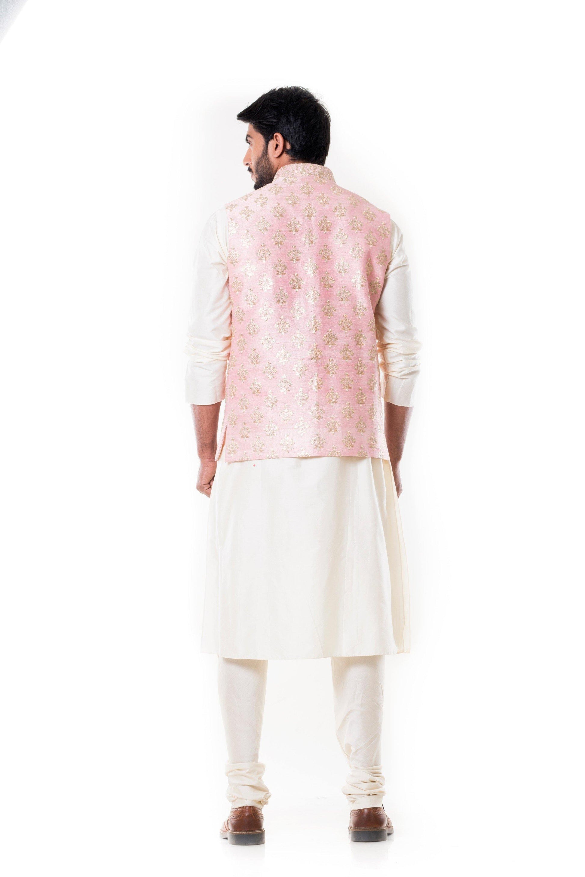 Cream Kurta with Zadi Embroidered Pink Waist Coat.-Men-Glamourental