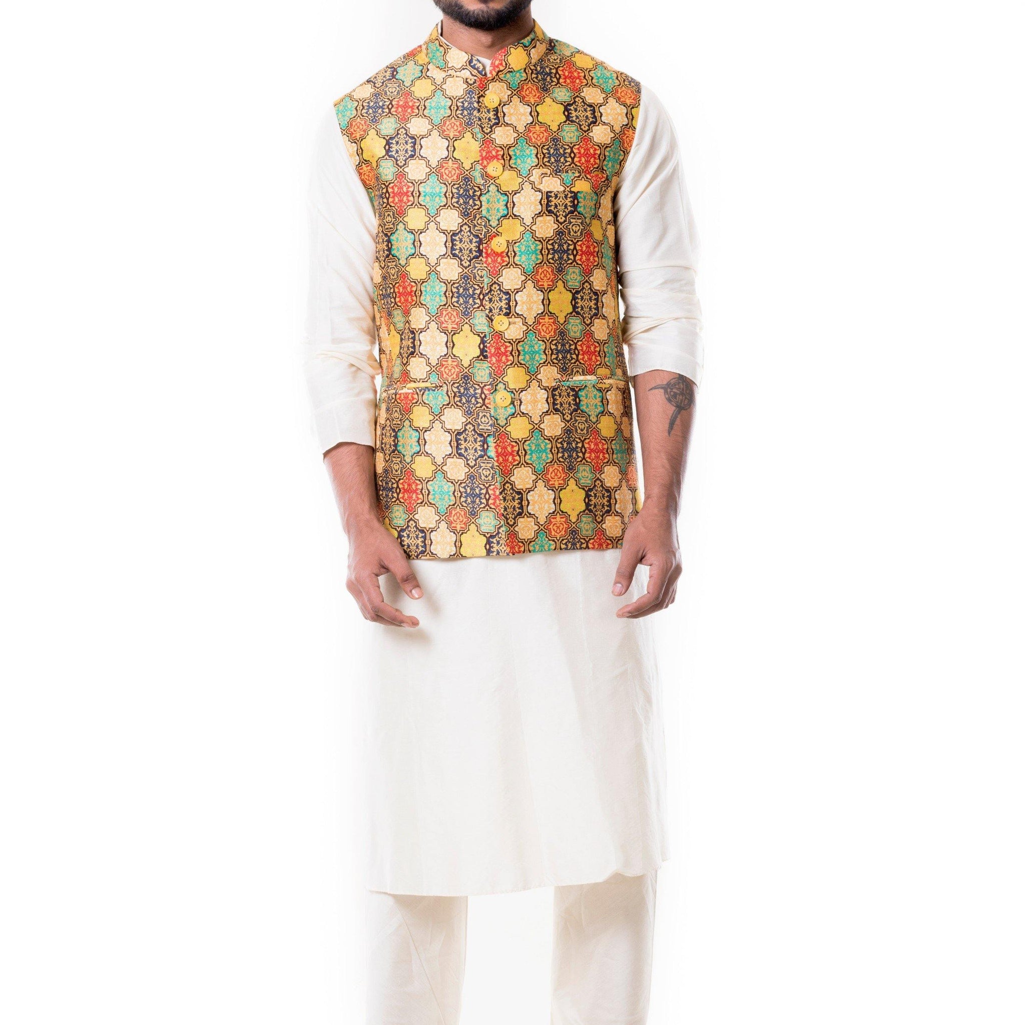 Cream Kurta with Printed Waist Coat Set.-Men-Glamourental