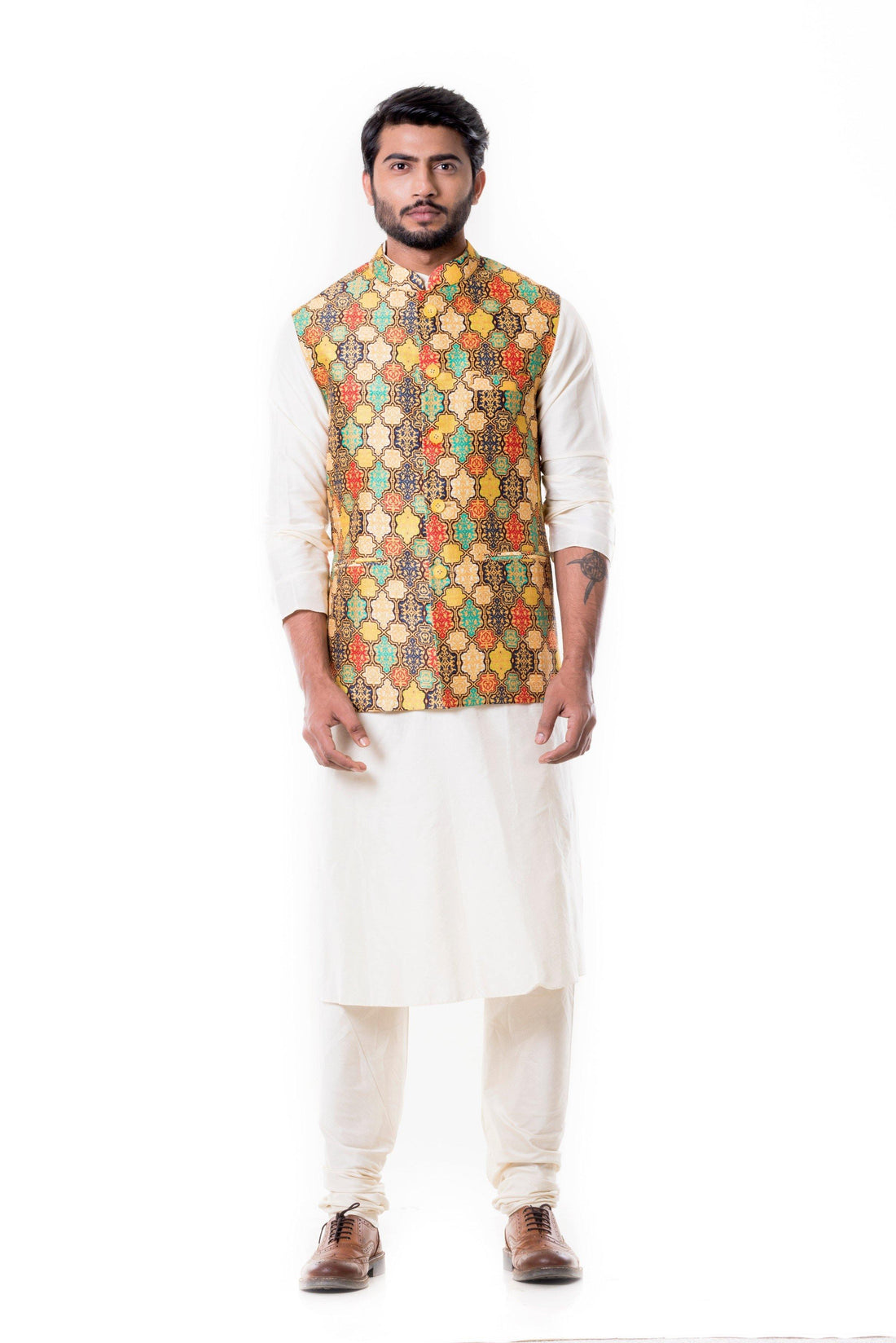 Cream Kurta with Printed Waist Coat Set.-Men-Glamourental