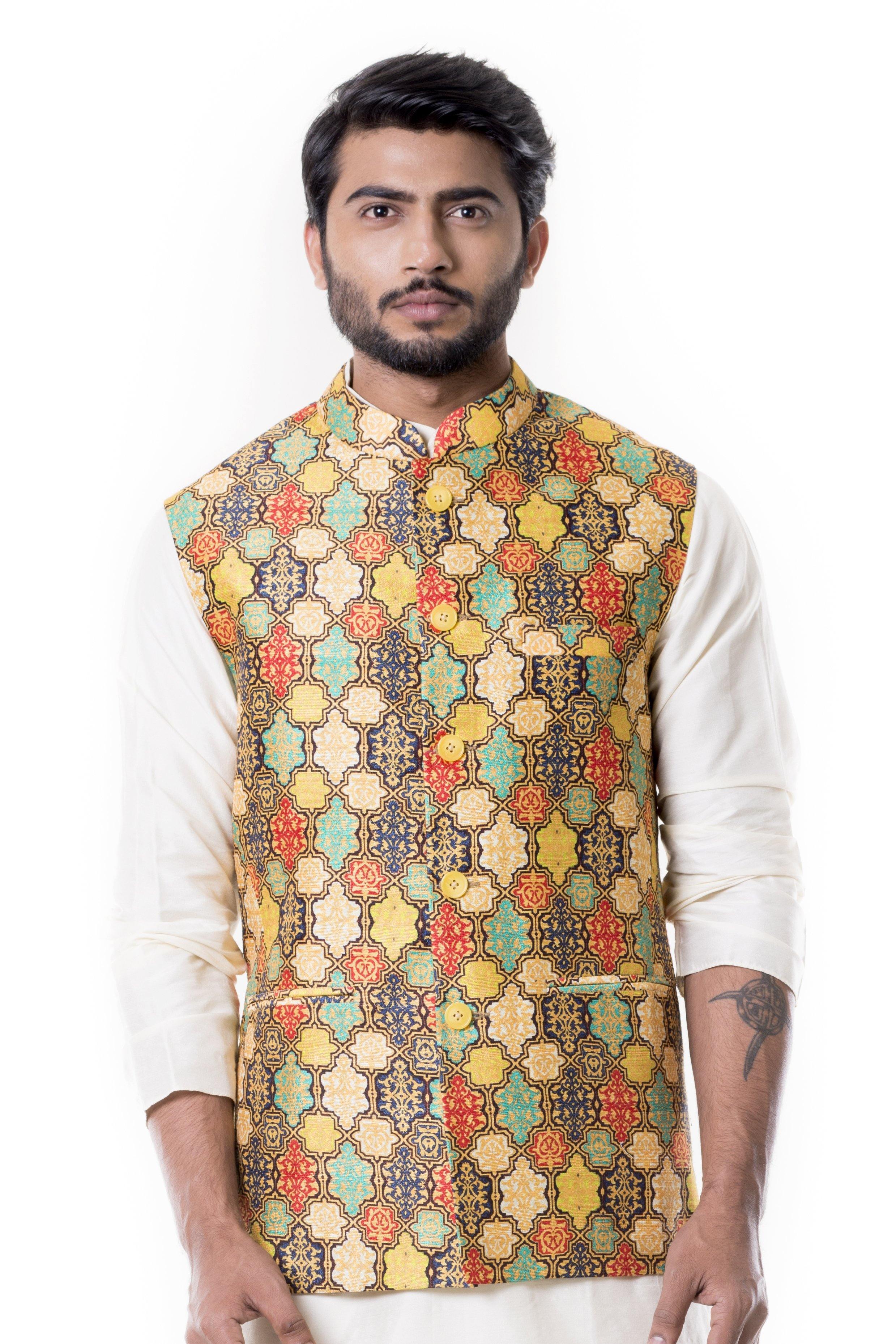 Buy Light Cream Self Design Kurta Jacket Set Online in the UK @Manyavar - Kurta  Jacket Set for Men