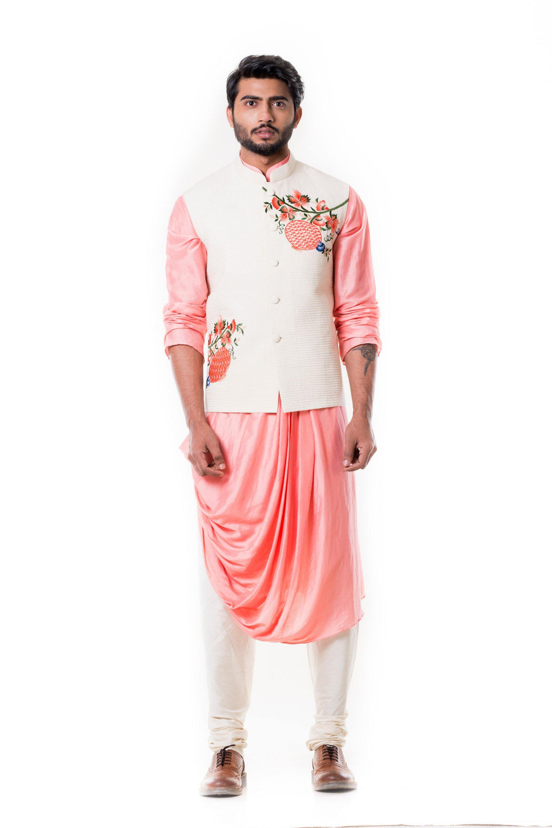 Peach Cowl Kurta with Off White Quilted Waist Coat-Men-Glamourental