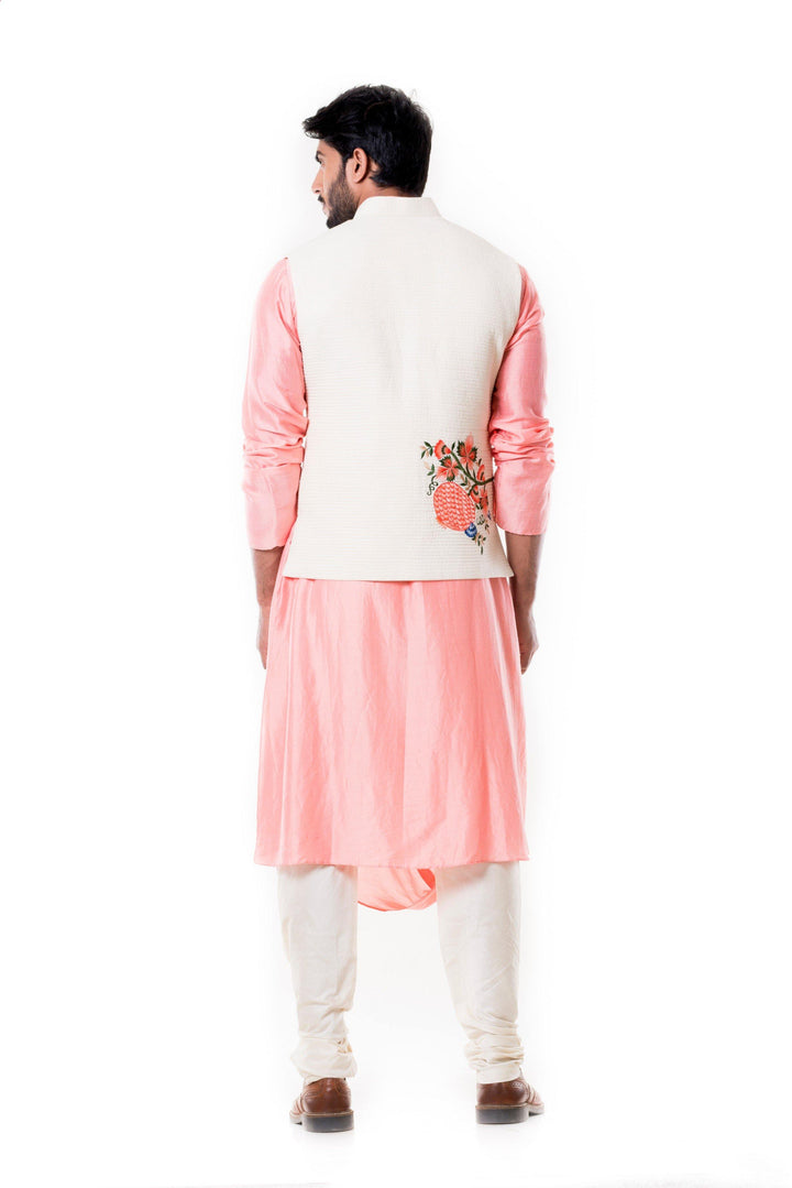 Peach Cowl Kurta with Off White Quilted Waist Coat-Men-Glamourental