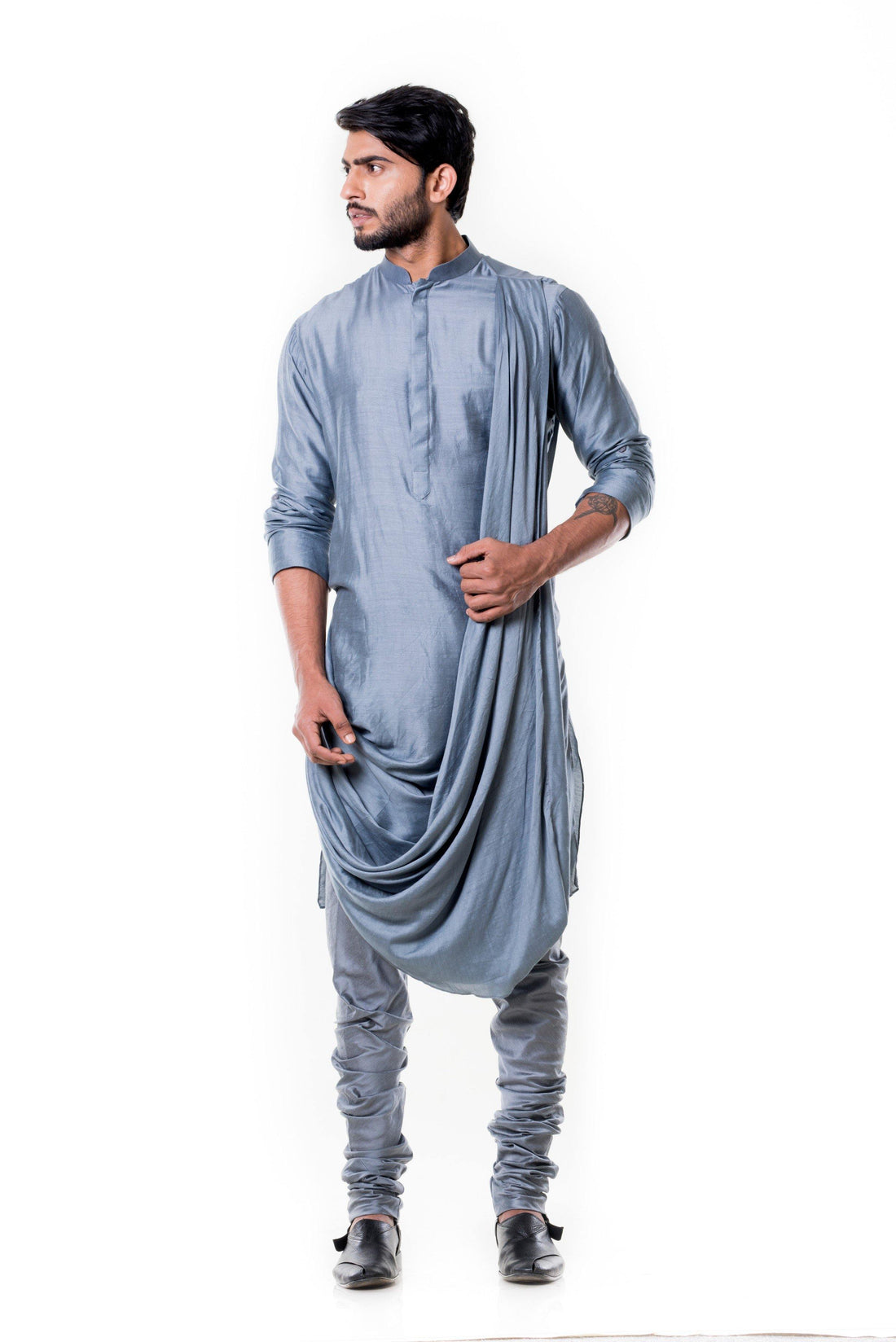 Grey Cowl Kurta Set-Men-Glamourental