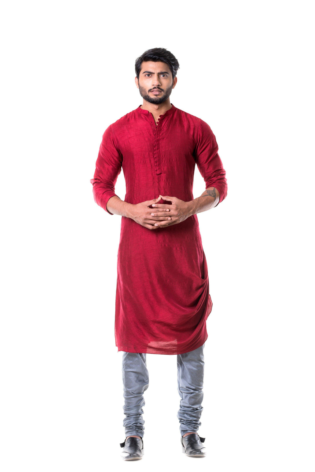 Maroon Cowl Kurta with Grey Churidar.-Men-Glamourental