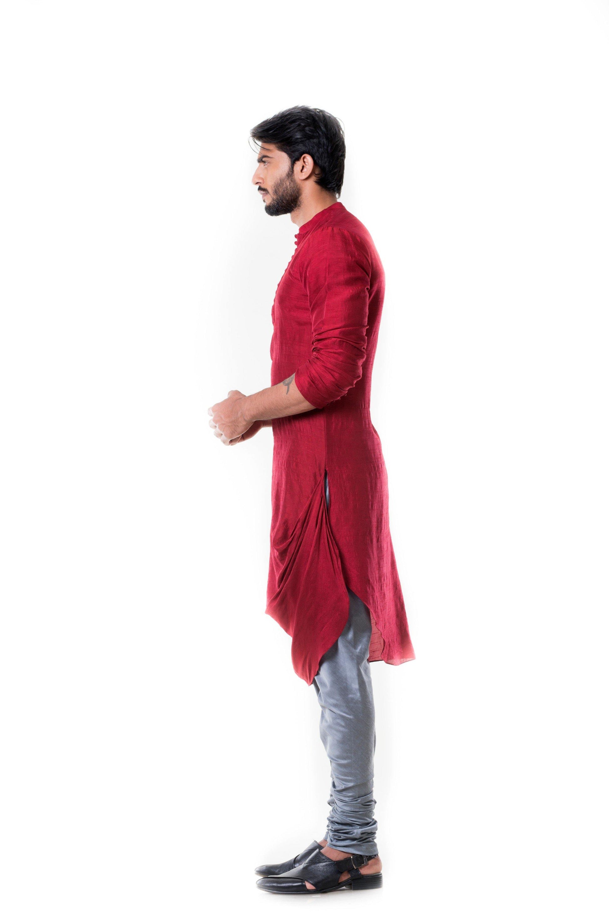 Maroon Cowl Kurta with Grey Churidar.-Men-Glamourental