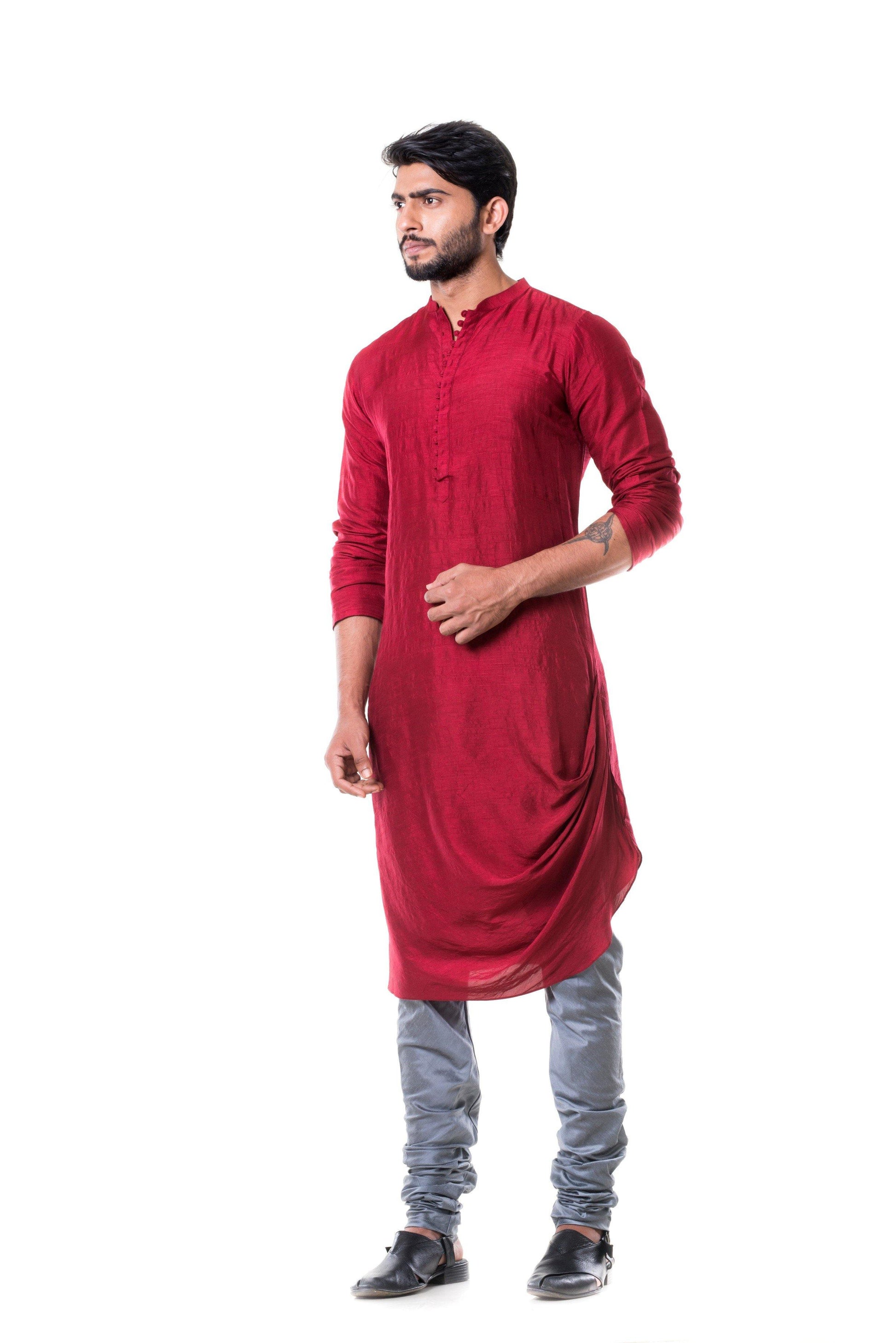 Maroon Cowl Kurta with Grey Churidar.-Men-Glamourental