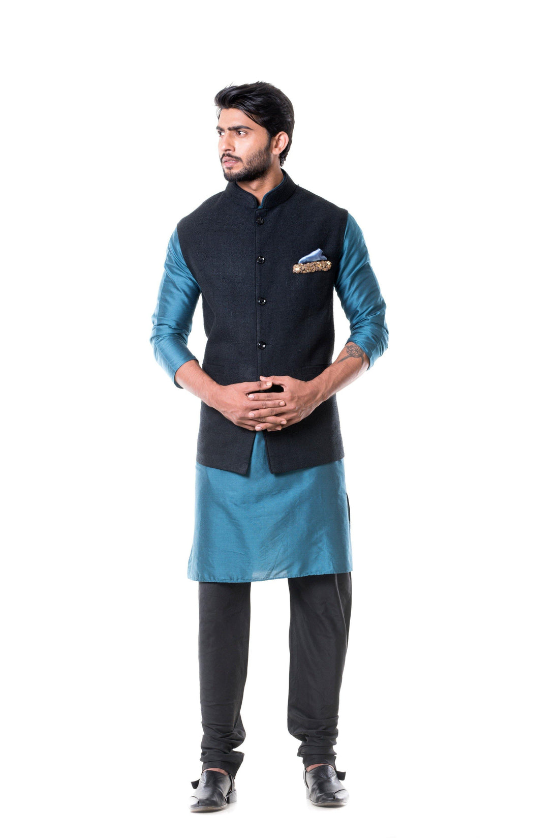 Blue Kurta With Black Waist Coat Set-Men-Glamourental