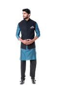 Blue Kurta With Black Waist Coat Set-Men-Glamourental