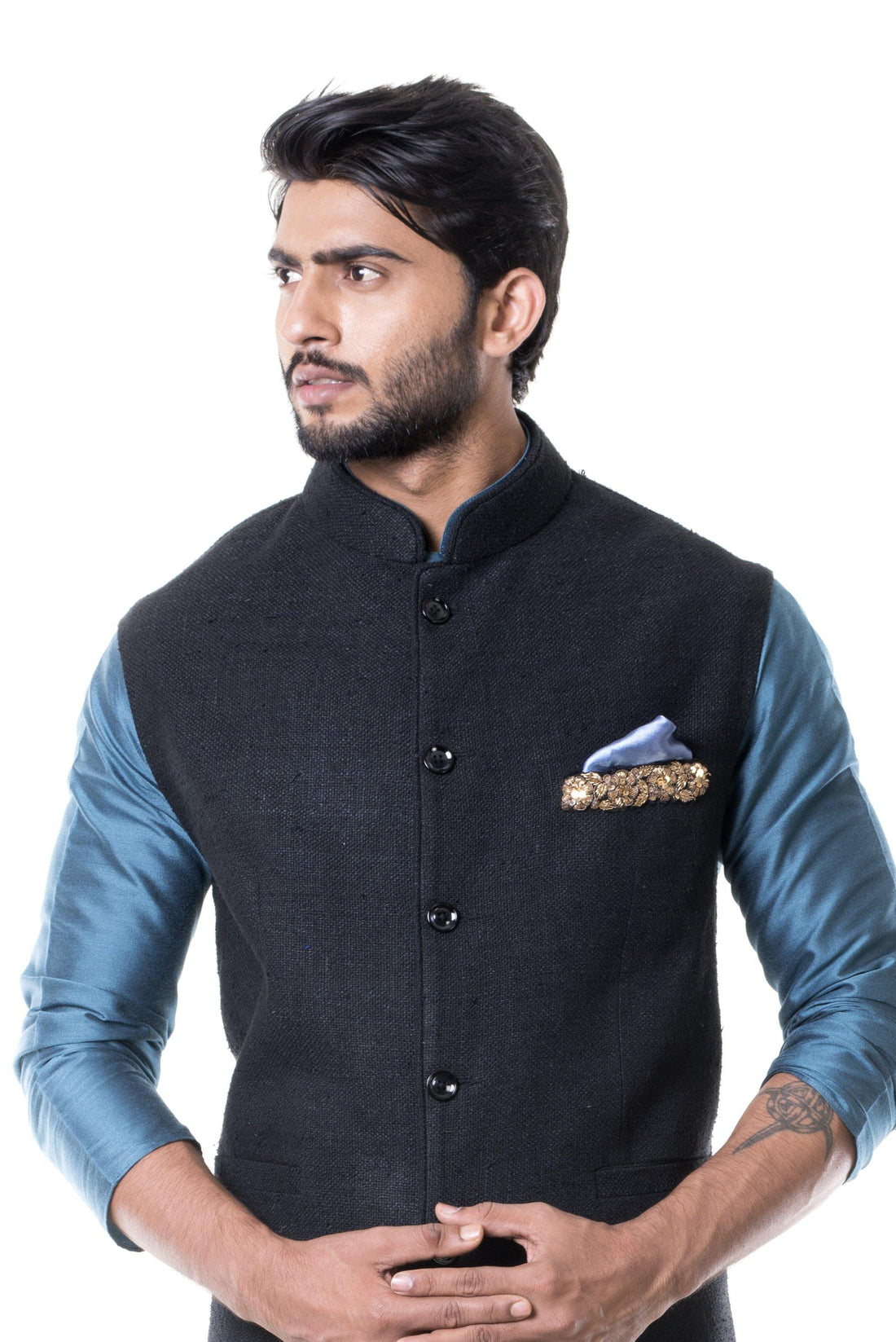 Blue Kurta With Black Waist Coat Set-Men-Glamourental