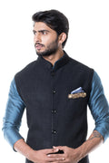 Blue Kurta With Black Waist Coat Set-Men-Glamourental