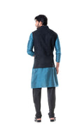 Blue Kurta With Black Waist Coat Set-Men-Glamourental